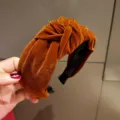 Korean velvet knotted headband brown wide hair hoop stylish hair accessory for women - Brown