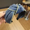 Denim headband for women with stylish zipper design, wide fabric knot hair hoop accessory. - Navy Blue