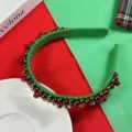 Diadema navideña de terciopelo verde con campanillas metálicas rojas y verdes para fiestas. - Diadema Campana Rojo Verde Navidad #1