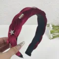 Burgundy velvet braided headband with rhinestone star and football charms for elegant hairstyles. - Burgundy