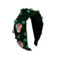 Green velvet headband with flower and skull decor, wide knotted hair hoop for party. - Dark Green