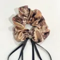 Vintage brown floral satin hair scrunchie with rhinestone and black ribbon tie for women - Ink Hair Scrunchie 5 (With Ribbon)