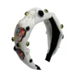 Halloween sugar skull velvet knotted headband white wide hair hoop with gems and roses - White