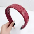 Woven leather headband in deep red, wide braided hair hoop for stylish everyday wear. - Burgundy