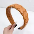 Brown woven leather headband, stylish braided hair hoop for daily wear and party accessory. - Orange