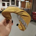 Stylish mustard yellow satin knotted rhinestone headband, elegant wide hair hoop accessory. - Yellow Rhinestone Strip