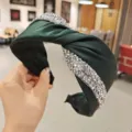 Dark green satin rhinestone knotted headband, wide vintage crystal hair hoop for women. - Dark Green Rhinestone Strip