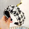Classic retro houndstooth knotted headband for women, stylish black and white hair hoop accessory. - Black Houndstooth Twill Headband