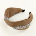 Khaki wide-brim knotted satin headband with sparkling rhinestones for women hair styling accessory. - Khaki Rhinestone Strip