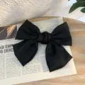 Black satin bow hair clip, large Japanese JK sweet girl cute spring hair accessory. - Black Spring Clip