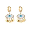 Gold stainless steel evil eye earrings with dangling clover charms for women fashion jewelry. - Evil Eye Clover Charm Style (E1271-GO)