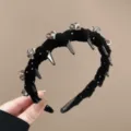 Black velvet spiked headband women non-slip rhinestone hair hoop fashion hair accessories - Flocked Crystal Flower Headband / Black