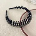 Black tooth hair hoop with shiny rhinestones, anti-slip plastic headband for daily wear. - Flocked Crushed Rhinestone Headband / Black