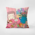 Cute cartoon cat print decorative throw pillow cover, soft flannel fabric, pink room breakfast design. - Double-Sided Print 35x35cm (Cover Without Core) / Food Party-4