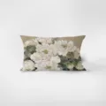 Detail view of a rectangular flannel throw pillow featuring elegant white peony flower art print. - Nancheng Floral 9