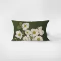 Detail view of rectangular lumbar pillow with botanical white floral art on green flannel. - Nancheng Floral 10