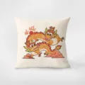 Detail view of the cartoon dragon patterned velvet throw pillow, showing fine festive print quality. - Double Dragons Playing with Pearl