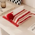 Red and white striped fabric tissue box cover with red pompon for home desktop decor - Red Wave 01 (Red Pom Pom)