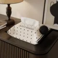Black and white diamond pattern tissue box cover with cute pom-pom and good luck print. - Lucky Dot 01 (Brown Pom-Pom)
