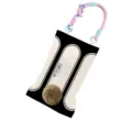 Black and white fabric hanging tissue box with rope handle and fluffy pom-pom decor. - White Frame Checkered 01 Car Hanging Rope (Brown Pompom)