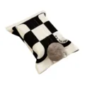 Black and white checkered fabric tissue box cover with cute fluffy pom pom decoration. - White Frame Checkered 02 (Brown Pompom)