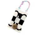 Black and white checkered fabric hanging tissue box holder with braided handle and pom-pom. - White Frame Checkered 02 Car Hanging Rope (Brown Pompom)