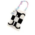 Black and white fabric tissue box cover with hanging strap and cute plush dog pendant. - White Frame Checkered 02 Car Hanging Rope (With Pendant)