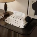 Modern luxury fabric tissue box cover with cute bird pattern and furry ball pendant for home decor. - Lucky Dot 03 (Brown Pom-Pom)