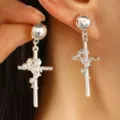 Boucles d'oreilles croix et rose en argent, style punk gothique pour femmes et hommes. - Boucles d'Oreilles Pendantes Croix Rose Argent Brillant (2269)