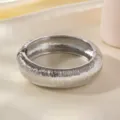 Silver chunky textured hinged bangle bracelet for women vintage metal arm cuff jewelry - Striped Arc Oval Bracelet / Silver