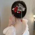 Exquisite Chinese style hair claw with pearls, rhinestones, and elegant red flower tassels for women. - Wing Red Chime