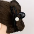 Matte black ribbon bow hair claw with white pearl, acrylic shark clip for hair styling. - Cross Ribbon Pearl Matte Black