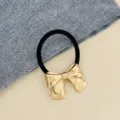 Metallic gold bow hair tie black elastic ponytail holder cute hair accessory for women girls - Gold Bow