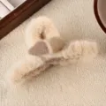 Cute plush hair claw clip, fluffy bear ear design, beige shark clip for daily hairstyles. - Off-White Colorblock Heart Large