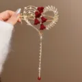Gold heart hair clip with red velvet flowers, sparkling rhinestones, and dangling chain. - Heart Red Flower Twisted Clip
