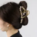 Grande pinza de pelo de perlas flor, elegante gancho tiburón de diamantes para cabello. - Corazón Y Rosa
