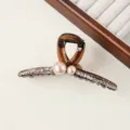Brown rhinestone pearl hair claw clip, large size stylish shark clip for thick hair styling. - Translucent Gray Double Beads