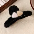 Cute black plush hair claw clip with sweet hearts, fluffy shark clip for autumn and winter. - Black Colorblock Heart Large