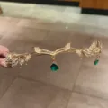Gold leaf rhinestone teardrop headband bridal tiara fairy princess hair accessory for women. - Leaf Teardrop Headband / Gold-Emerald