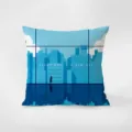 Blue Nordic style velvet throw pillow detail showing minimalist cityscape illustration design. - Blue-7