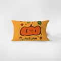 Close-up detail view of orange rectangular velvet throw pillow with cute autumn pumpkin graphic. - Fun Life 9