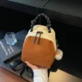 Korean style mini backpack for women, two-tone corduroy shoulder and handbag, stylish daily bag - With Charm / Brown Large