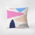 Closeup of abstract art throw pillow featuring geometric color blocks and chic printed text. - Pink Cute Art 8