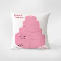 Close-up detail of white decorative throw pillow featuring pink cake illustration and text print. - Pink Cute Art 12