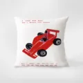 Decorative white throw pillow featuring minimalist red race car illustration and quote design. - Funny Pillow 368-6