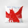 Detail view of the decorative velvet throw pillow featuring a unique red winged animal graphic. - Funny Pillow 368-20