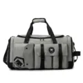 Large capacity gray gym duffel bag with multiple pockets and shoulder strap for travel fitness. - Gray
