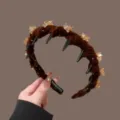 Diadema de terciopelo marrón con diamantes y dientes, antideslizante para uso diario a la moda. - Estilo Mejores Amigas / Paquete de 2 / Marrón