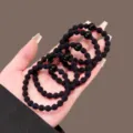 Simple black elastic hair ties with round beads, durable pony tail holders for women daily wear. - 5 Pieces/Pack / Black