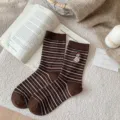 Women winter vintage striped wool socks with cute polar bear embroidery warm mid tube design. - C—Polar Bear Socks / Dark Coffee Fine Stripe